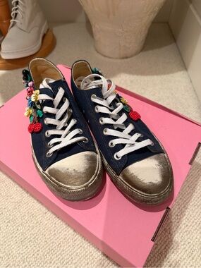 Women’s Navy Canvas Sneakers with Embroidered Floral Charms